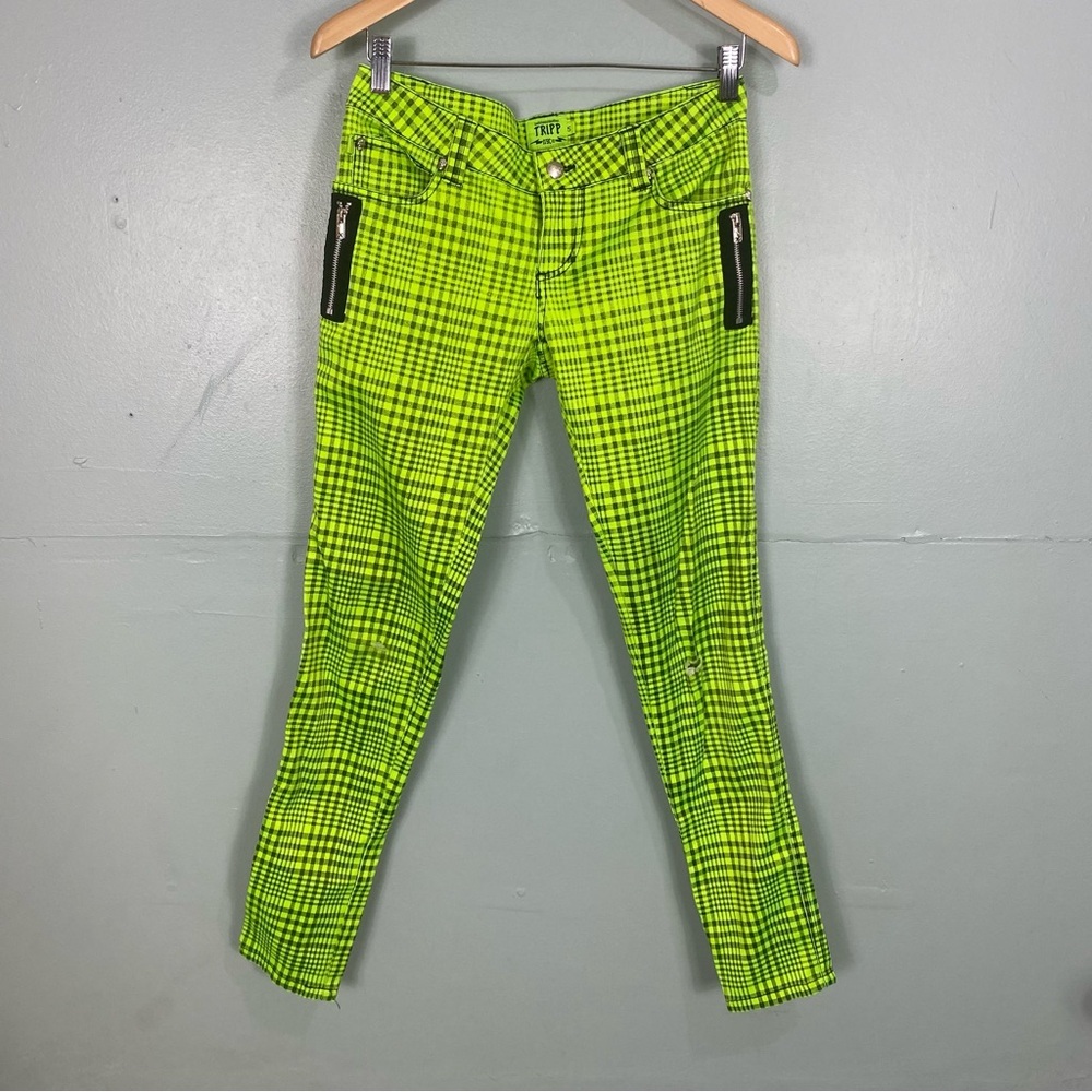 Tripp NYC Plaid Neon‎ Green Black Plaid Skinny Pants Sz 5 Grunge Emo Alt